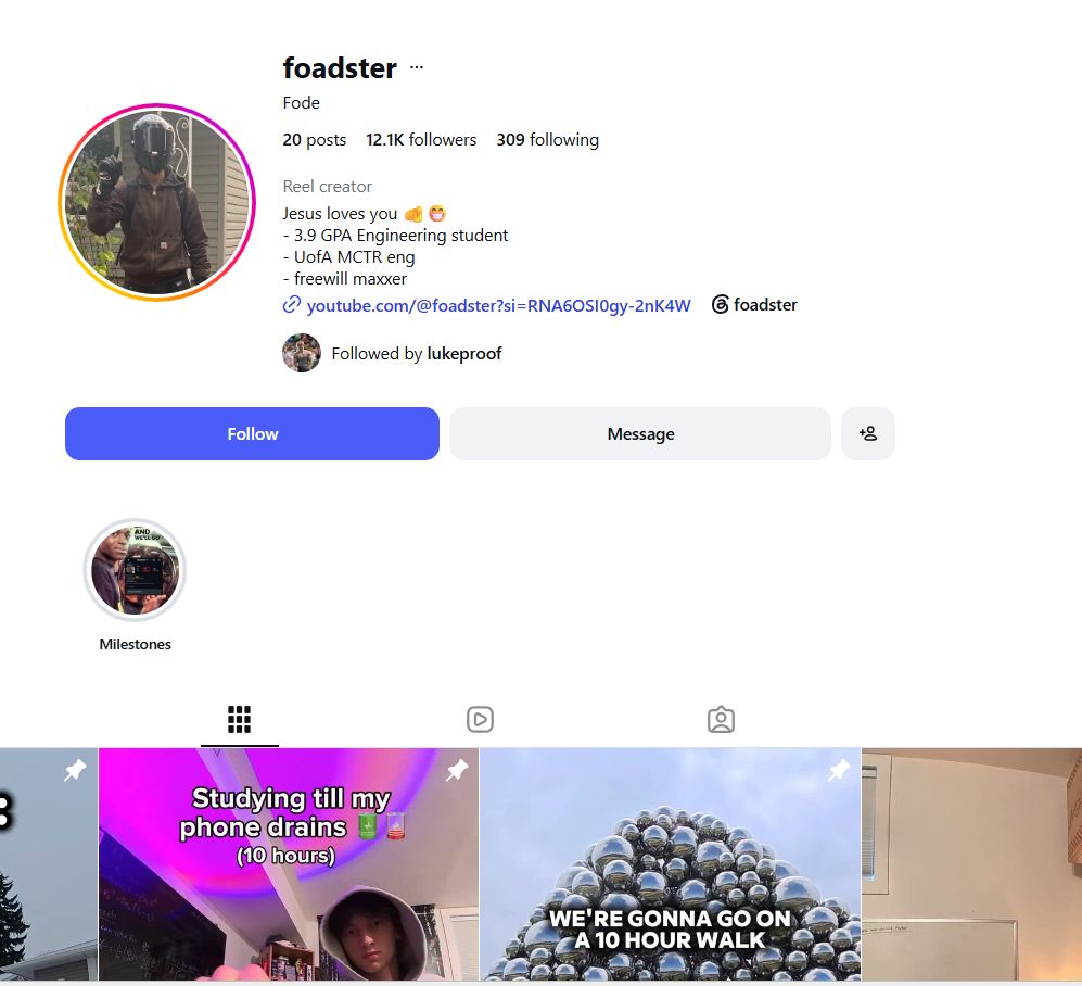 @foadster current profile showing 12.1K followers, followed by lukeproof